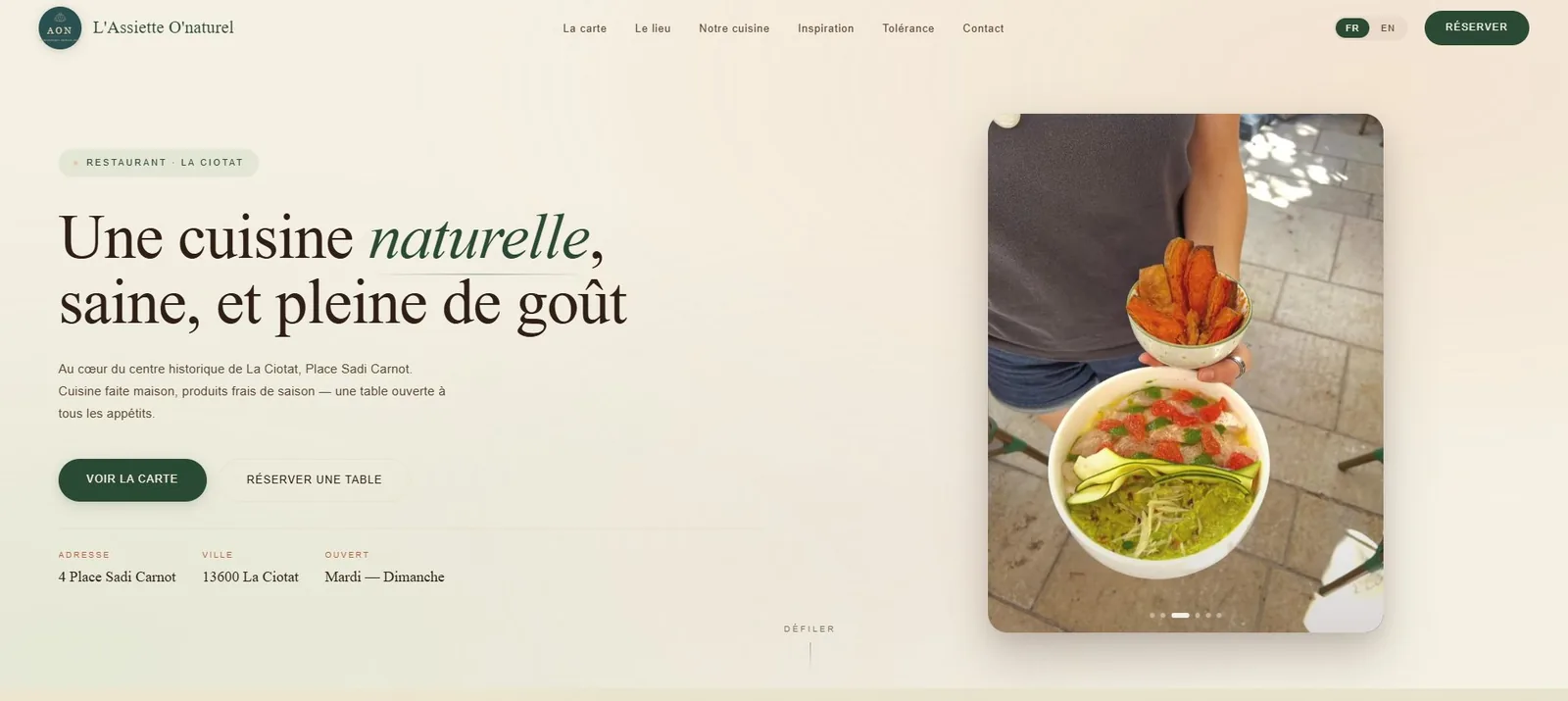 Site web du restaurant L'Assiette O'naturel, réalisé par Exhale Studio